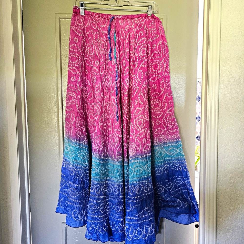 Cute Options 100% Silk Paisley Maxi Skirt One Size Drawstring Boho Pink Blue